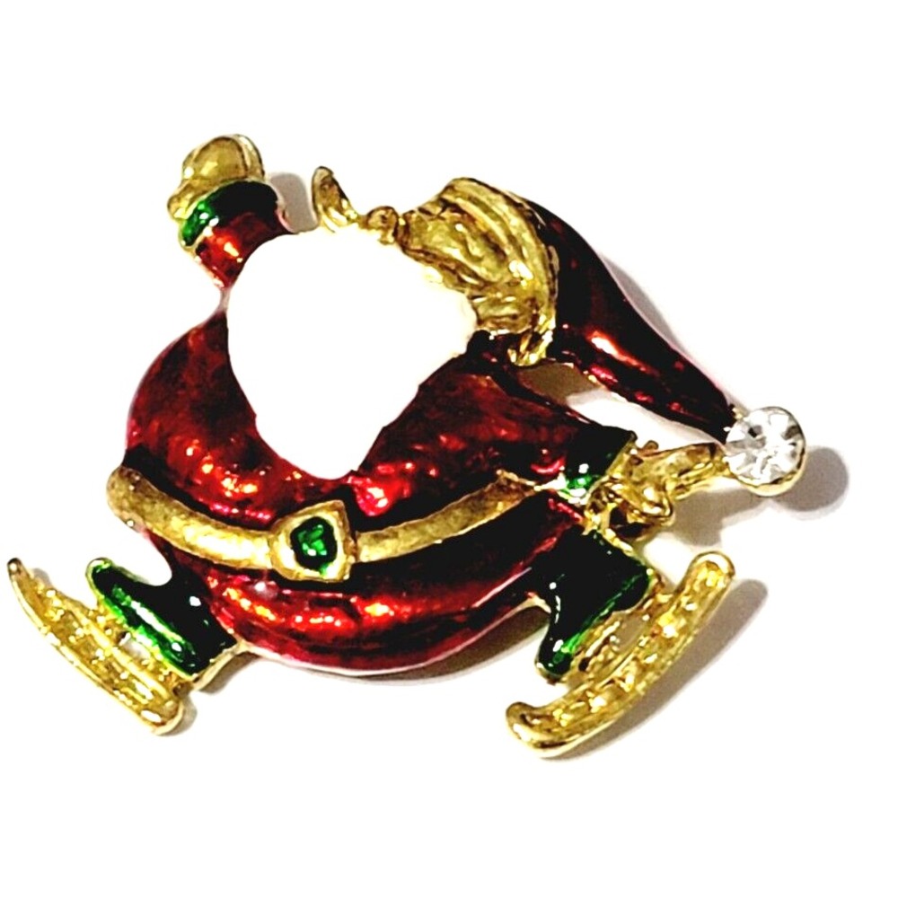 Vintage Red Santa Claus Brooch Pin Holiday Festive Enamel Ice Skating 1.5"